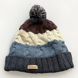 Columbia Unisex Blue Cream Brown Striped Chunky Cable Knit Pom Beanie One Size
